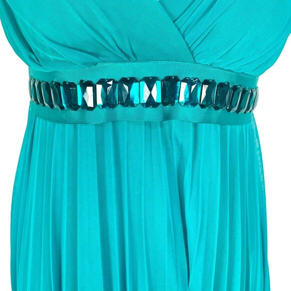 Teal Chiffon Pleated Dress S Rhinestone Belt Bow Tie Knee Length Cocktail Prom - Picture 3 of 9